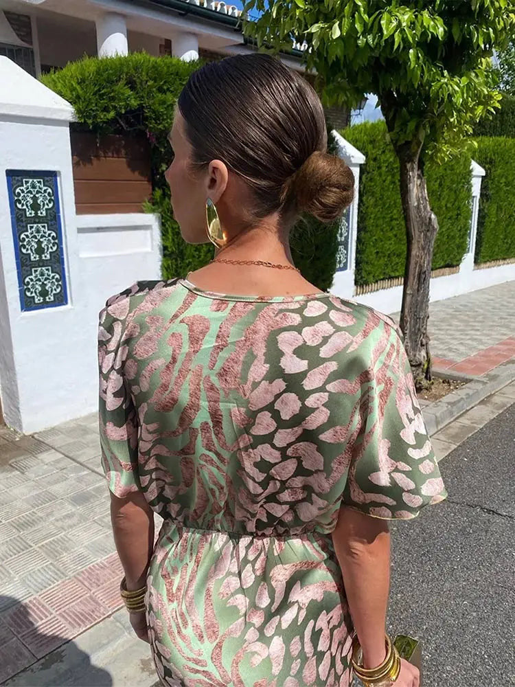 Vestito Lungo Donna, Raso Fantasia, Scollo a V-Modaso