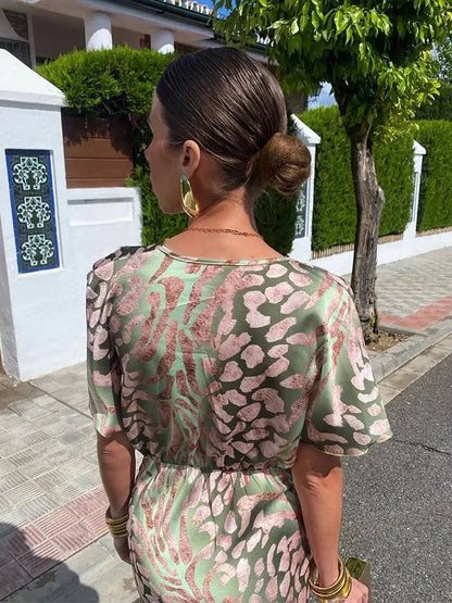 Vestito Lungo Donna, Raso Fantasia, Scollo a V-Modaso